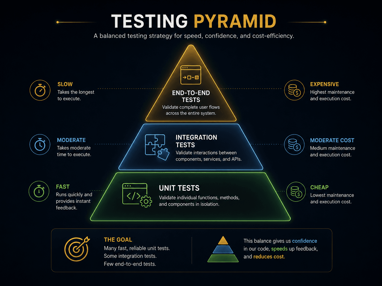 Testing pyramid: a wide base of unit tests, a narrower layer of integration tests, and a small top layer of end-to-end tests